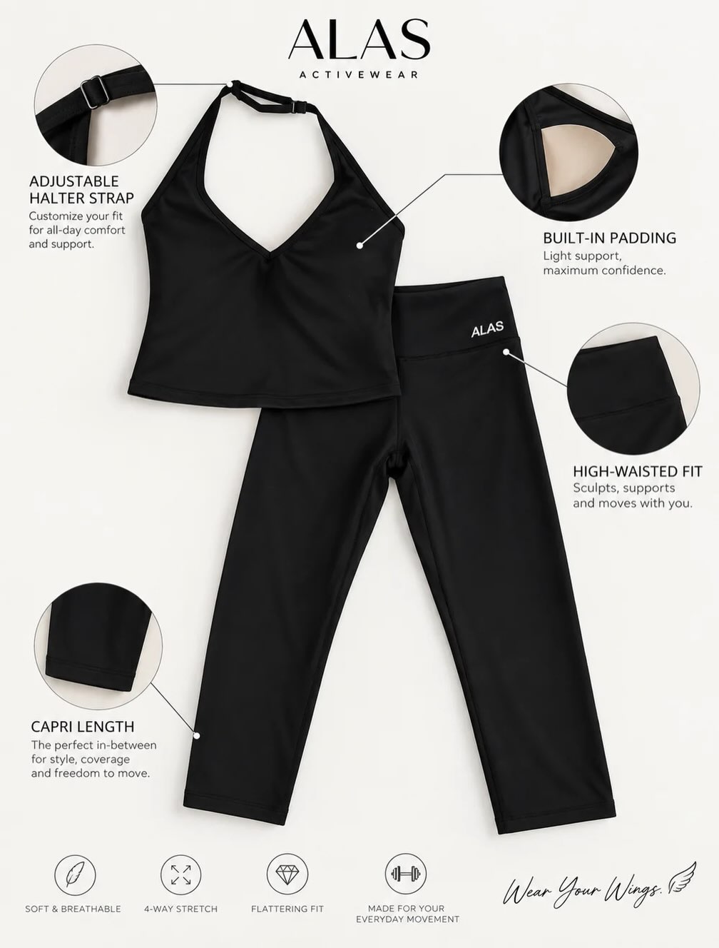 Conjunto negro de ALAS con detalles de ajuste y soporte